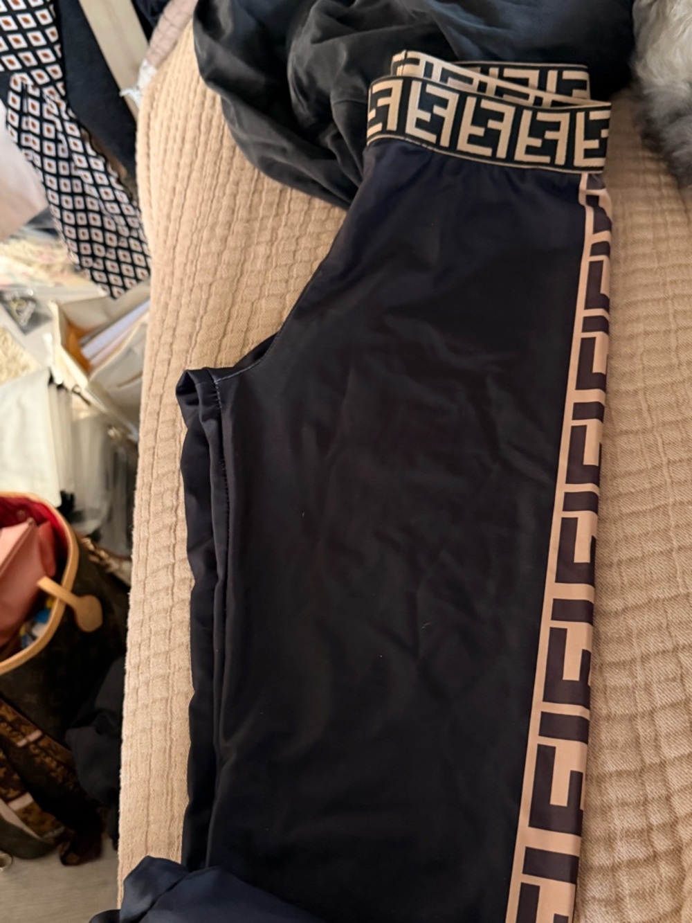 Fendi Navy Leggings with Beige FF Logo Trim